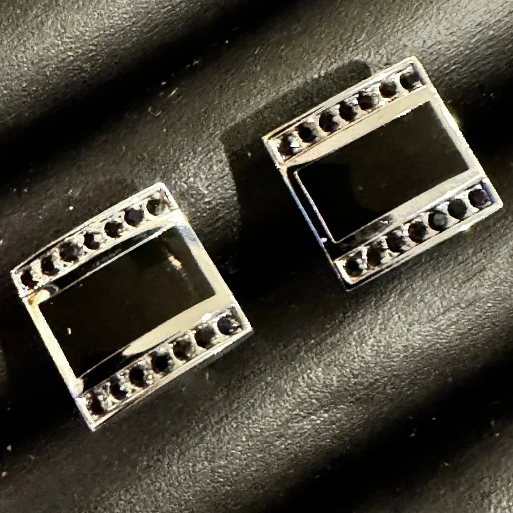 Mens Square Black Enamel Crystal Silver Tone Cufflinks 16mm Formal Wedding